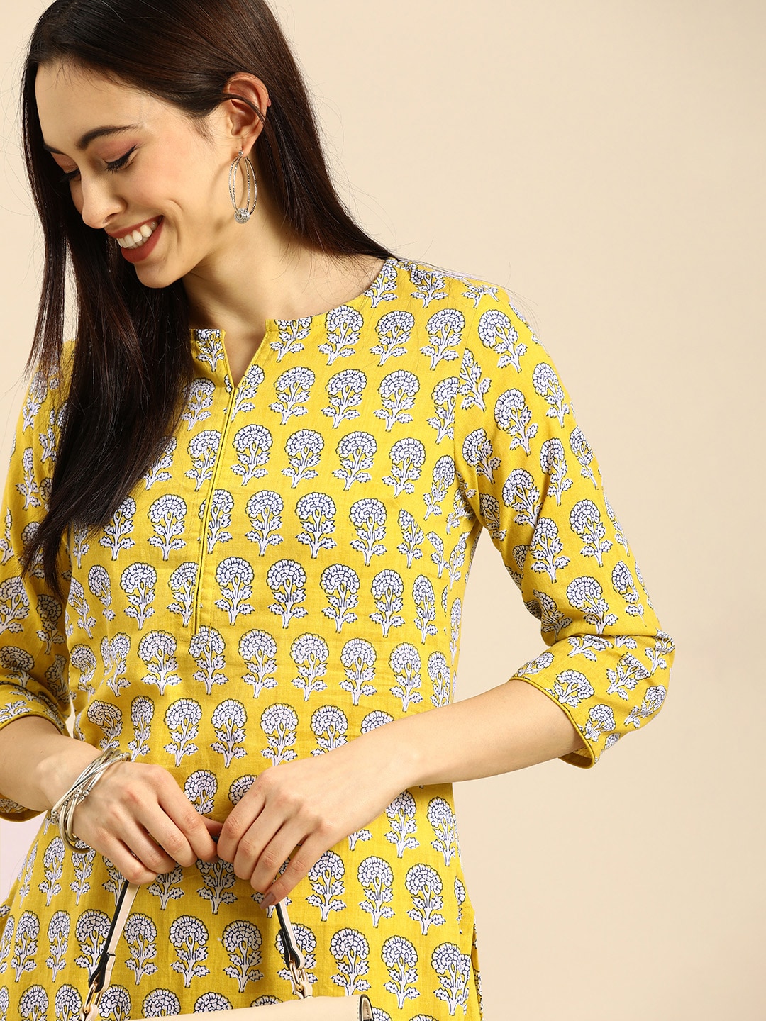 Anouk Women Mustard Yellow Floral Printed Pure Cotton Kurta with Palazzos Price in India