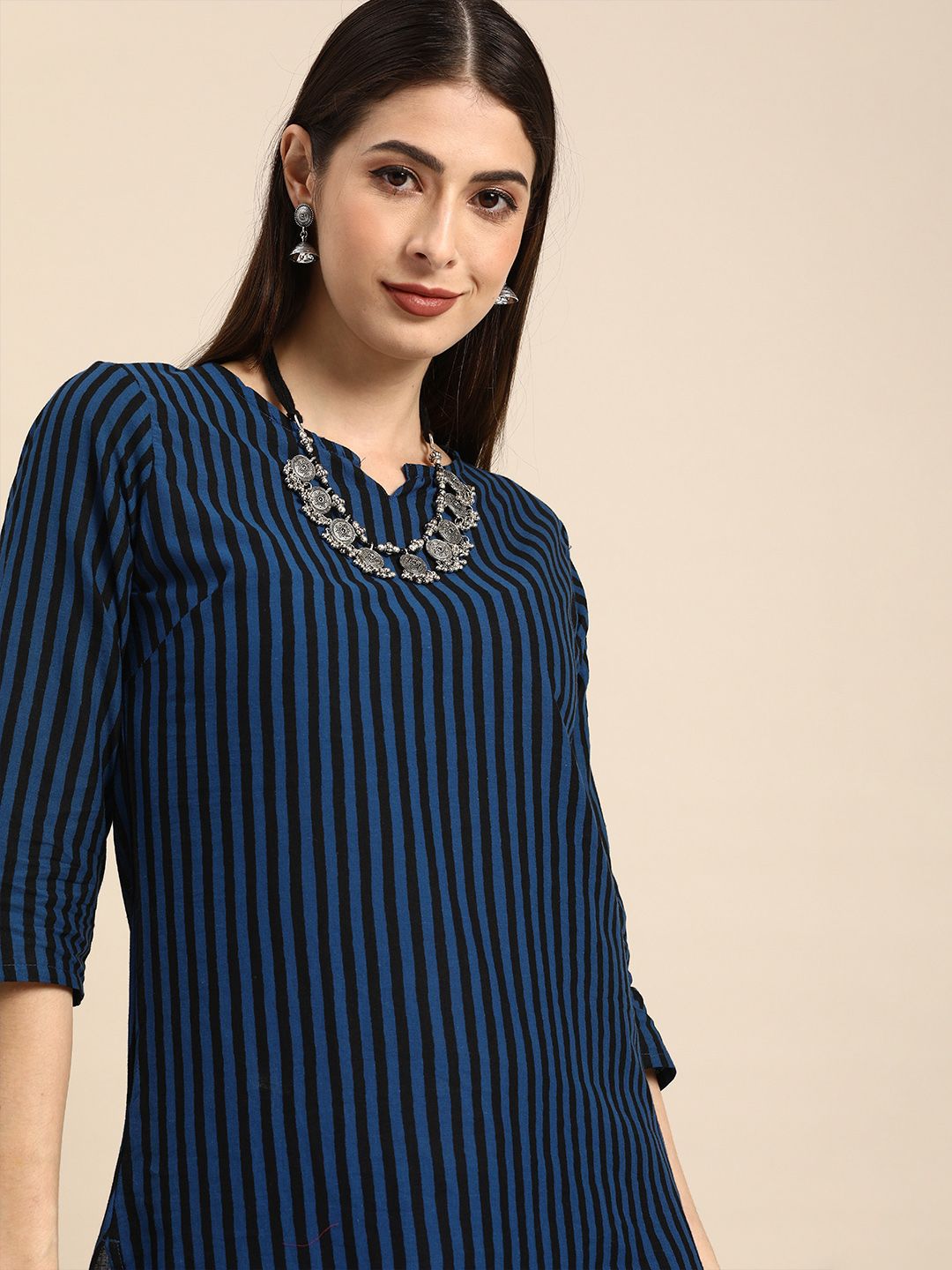 Anouk Women Navy Blue & Black Striped Pure Cotton Regular Kurta with Trousers Price in India