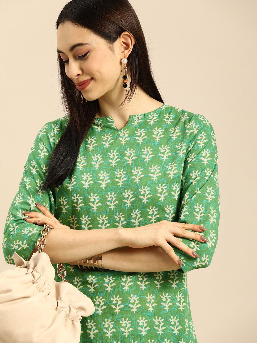 Anouk Women Green Ethnic Motifs Printed Pure Cotton Kurta with Trousers Price in India