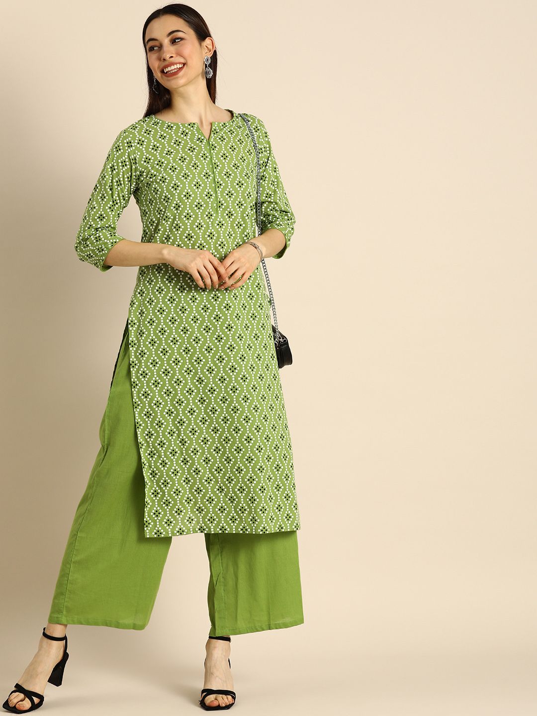 Anouk Women Green & White Ethnic Motifs Printed Pure Cotton Kurta with Palazzos Price in India
