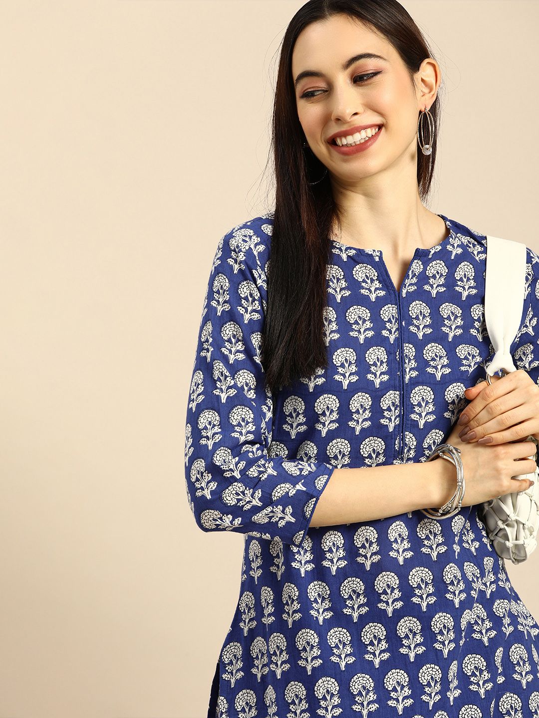 Anouk Women Blue Floral Printed Pure Cotton Kurta with Palazzos Price in India