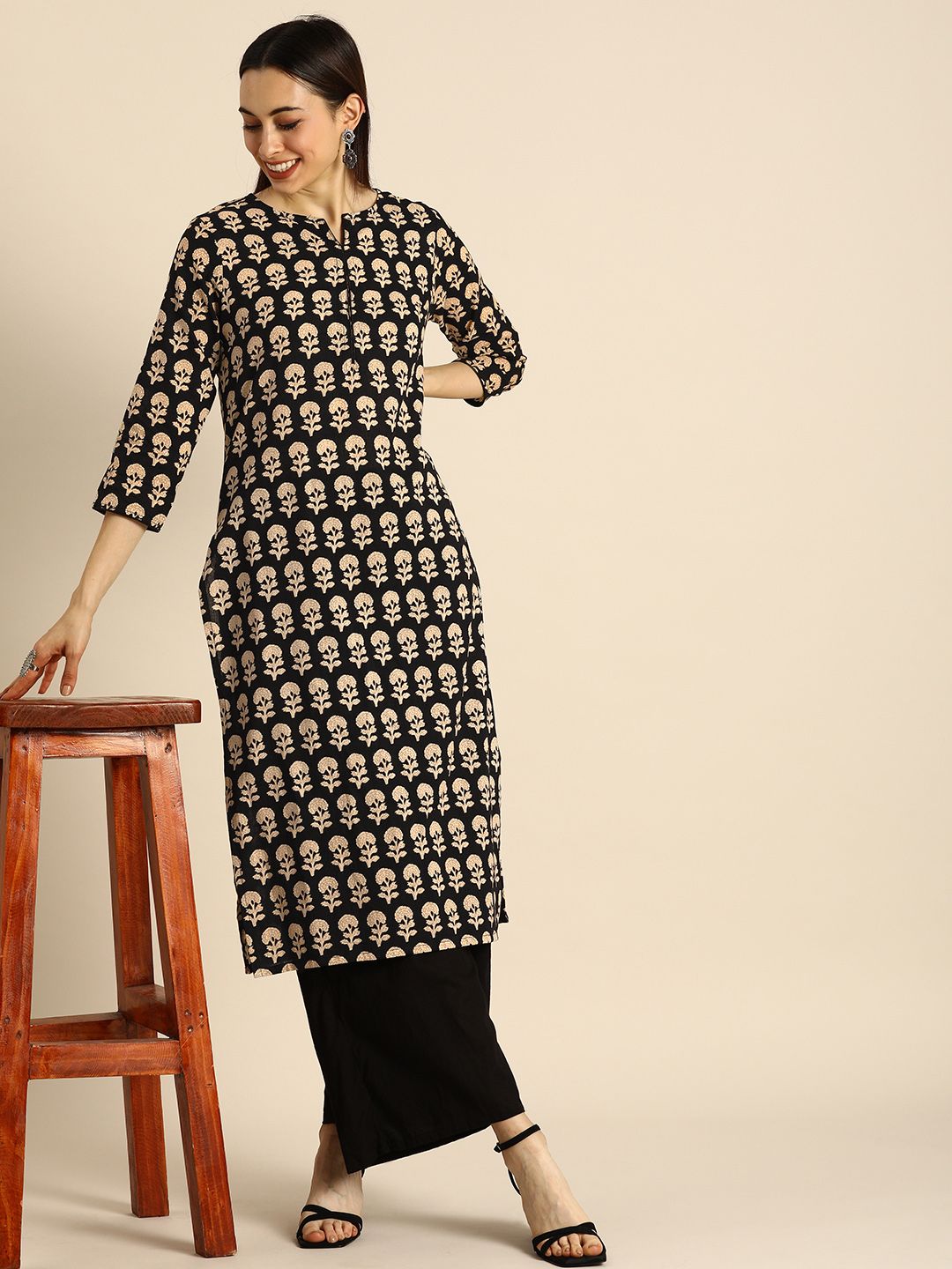 Anouk Women Black Ethnic Motifs Printed Pure Cotton Kurta with Palazzos Price in India