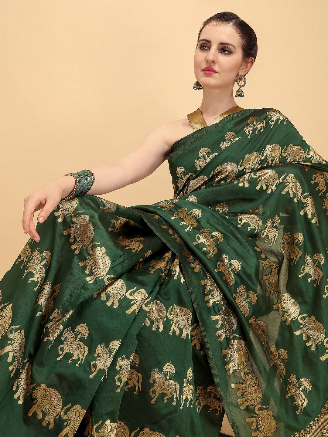 Sangria Green & Golden Ethnic Motifs Zari Silk Blend Heavy Work Banarasi Saree