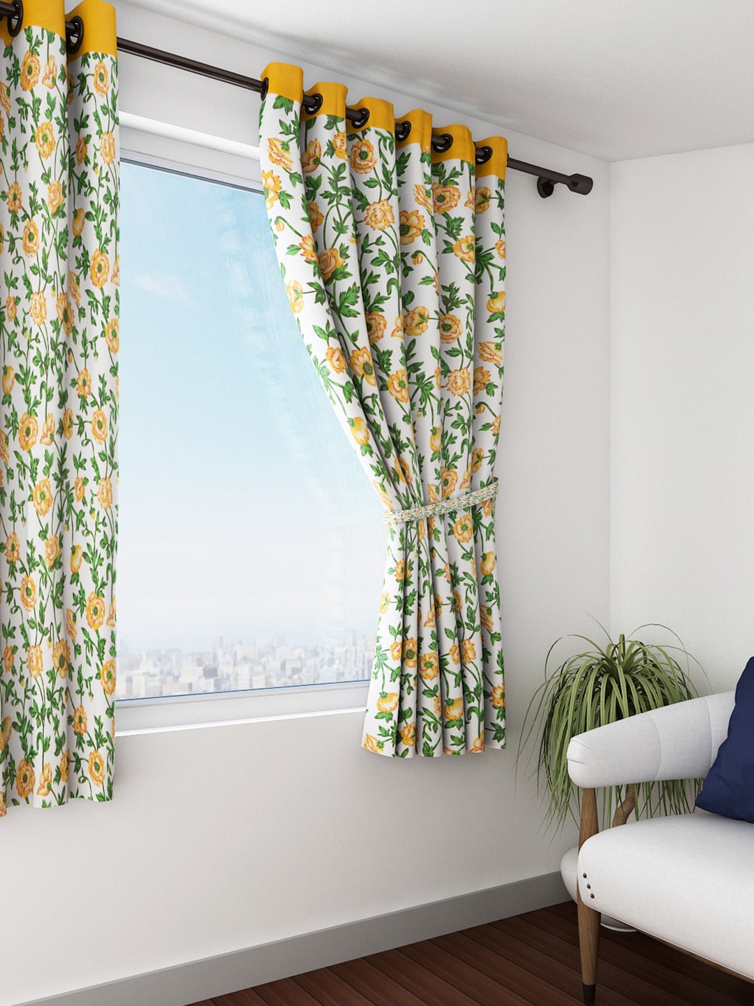 SWAYAM White & Yellow Single Printed Window Curtain Price in India