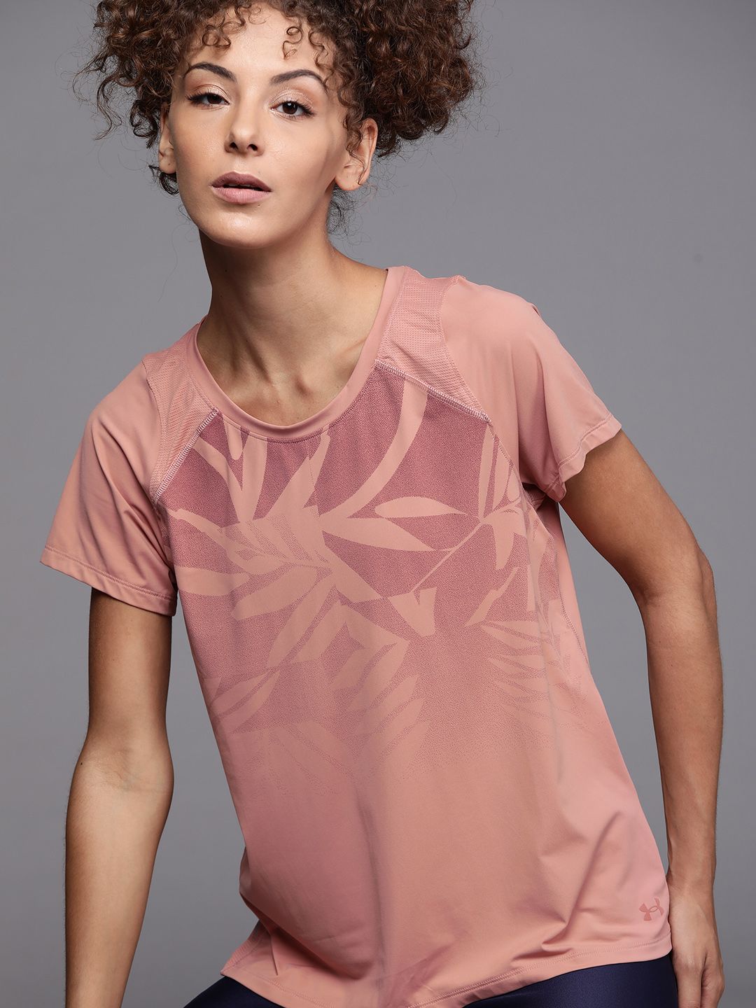 UNDER ARMOUR Women Dusty Pink Floral Print Iso-Chill Run Short Sleeve T-shirt Price in India