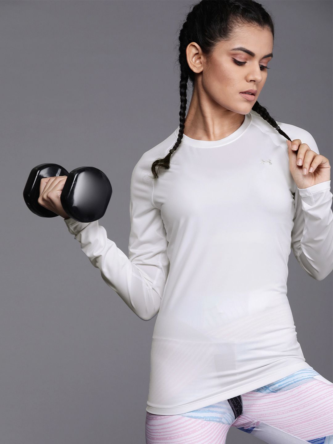 UNDER ARMOUR Women White HeatGear Compression Long Sleeves Crew Solid Training T-Shirt Price in India