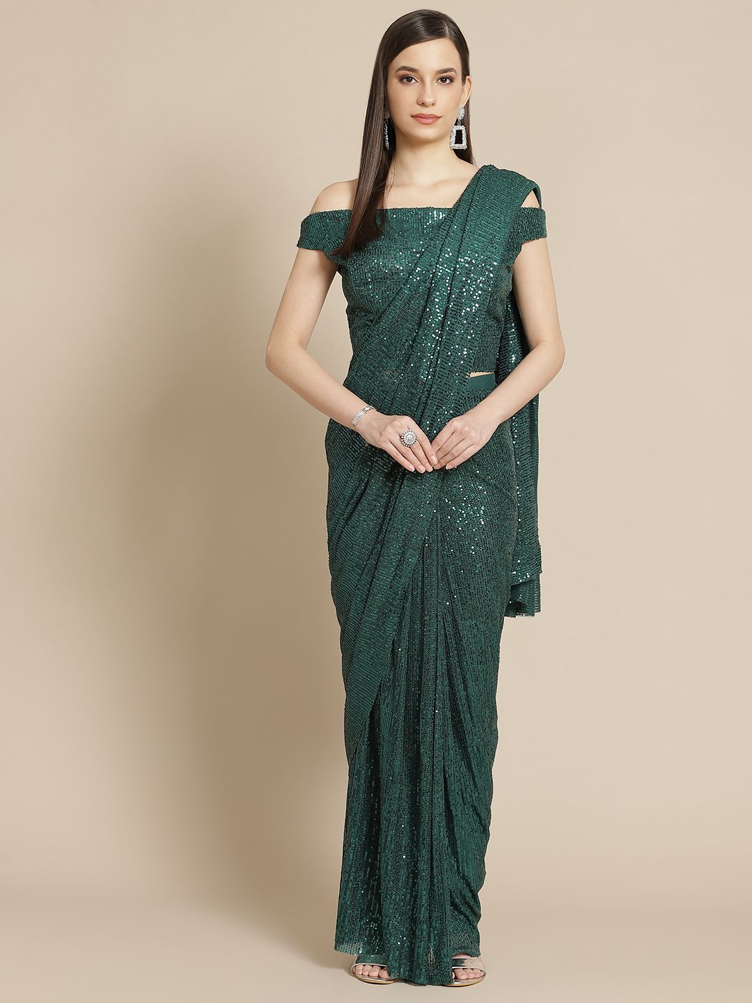 Mitera Green Sequinned Ready to Wear Saree Price in India