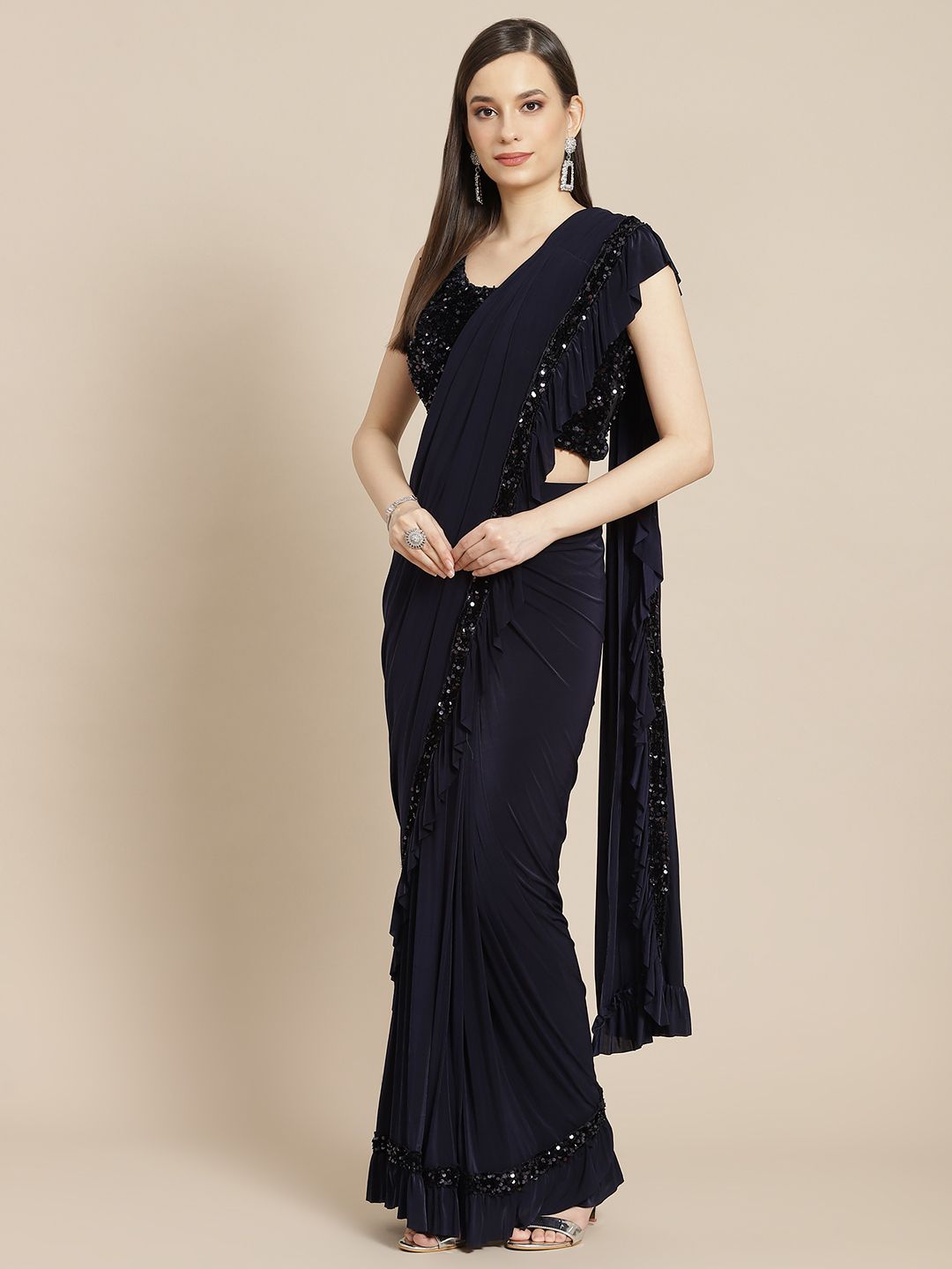 Mitera Navy Blue Sequinned Ready to Wear Saree Price in India