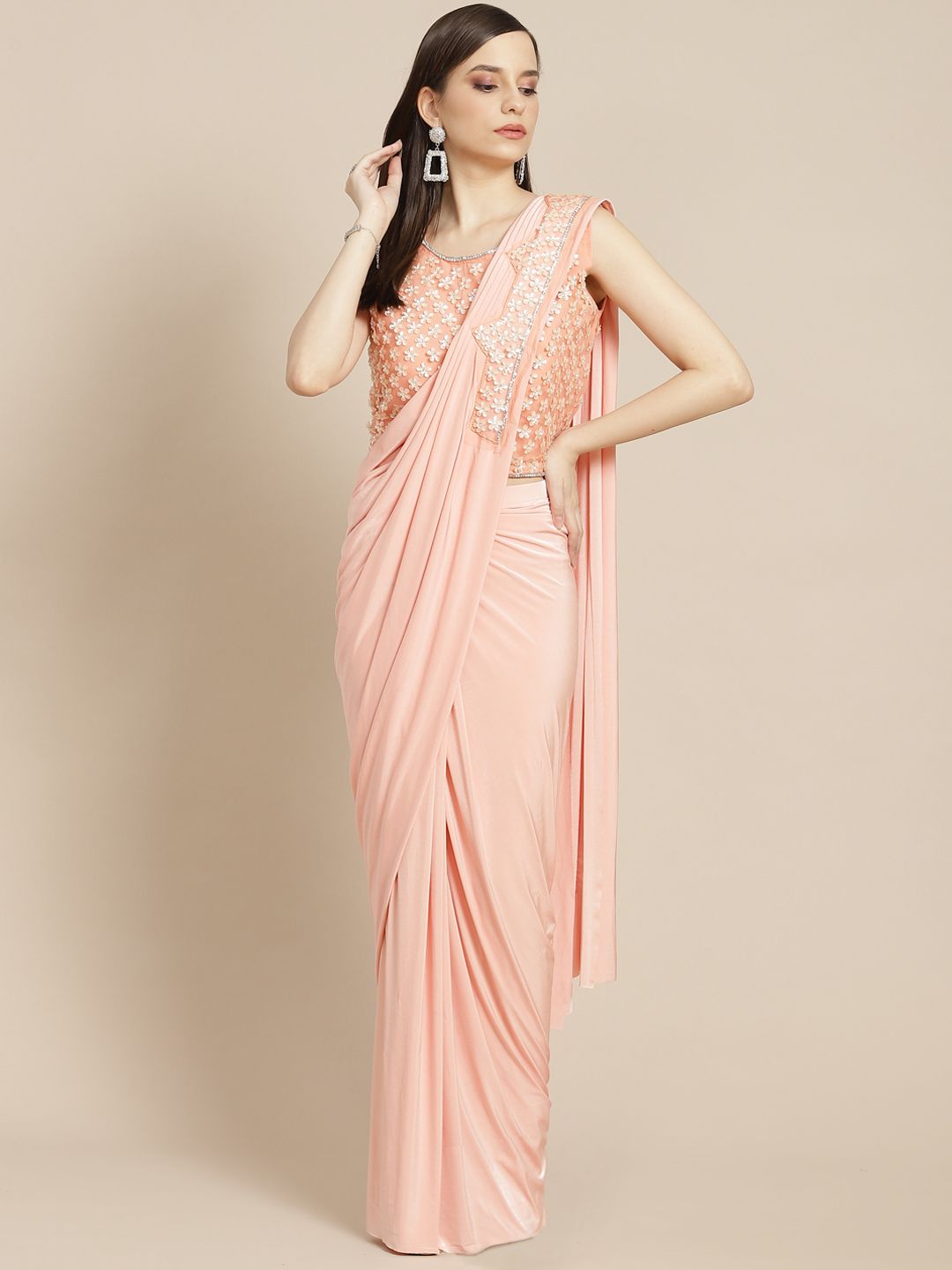 Mitera Peach-Coloured Solid Ready to Wear Saree