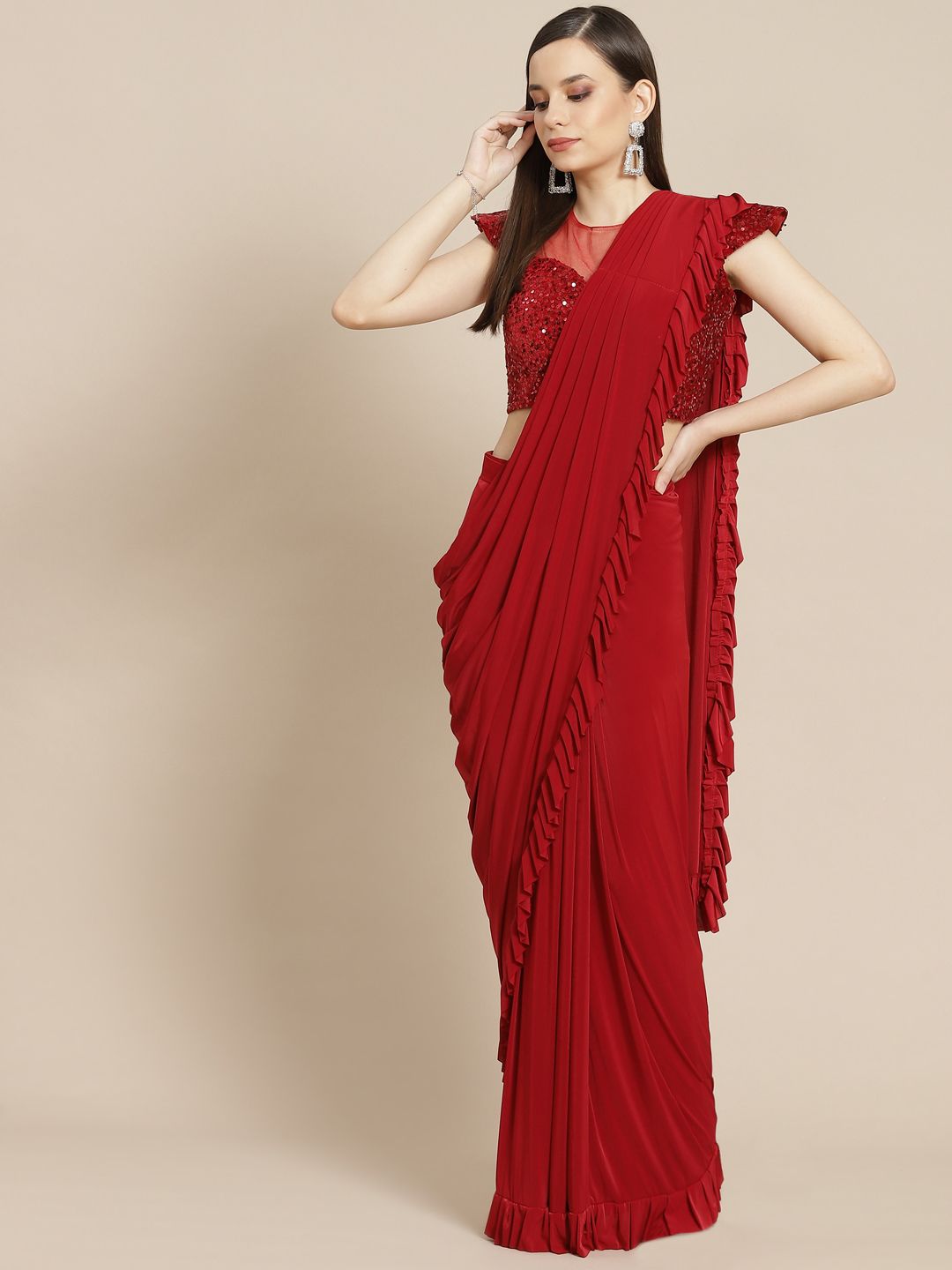Mitera Red Solid Ready to Wear Ruffled Saree Price in India