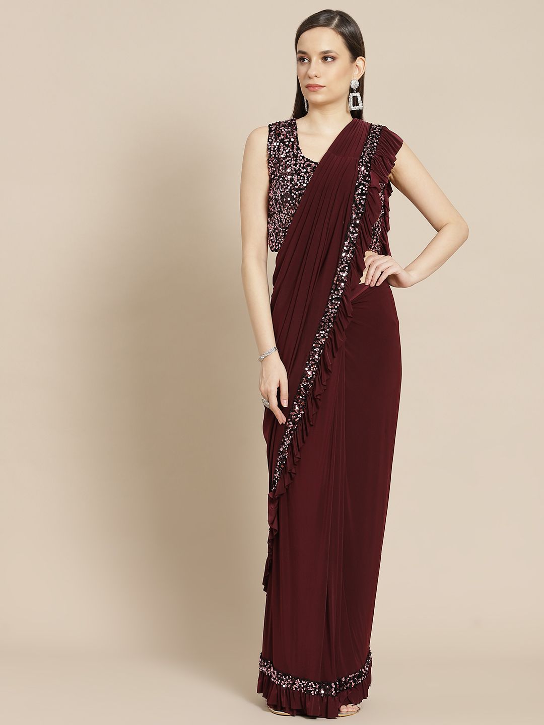 Mitera Maroon Solid Sequinned Ready to Wear Ruffled Saree Price in India