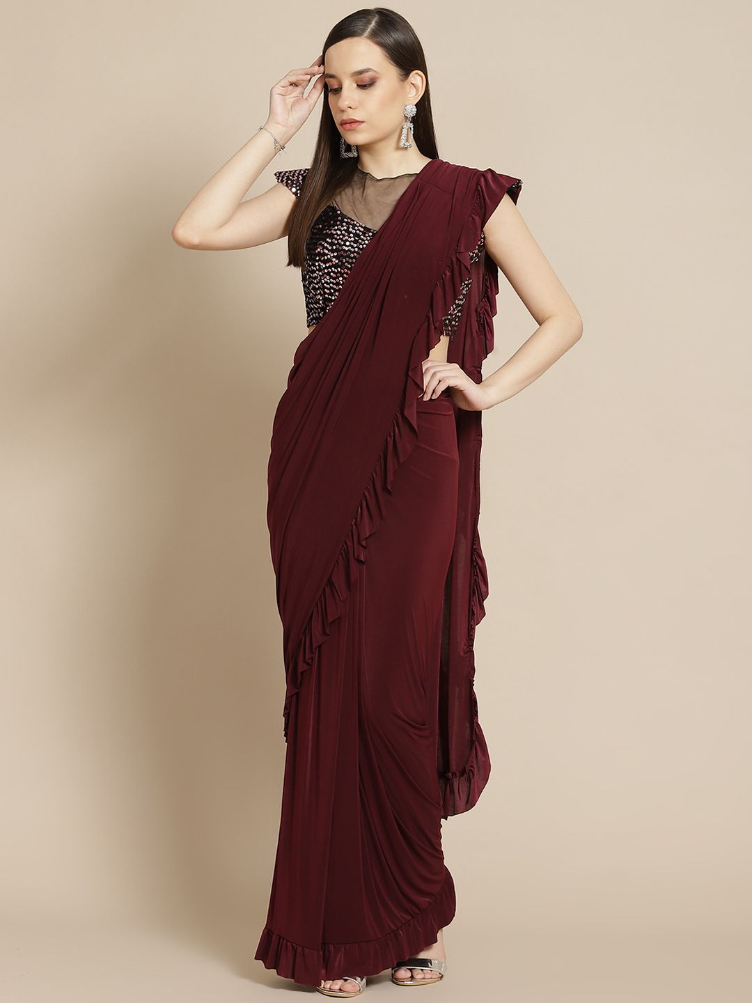 Mitera Maroon Solid Ready to Wear Ruffled Saree Price in India