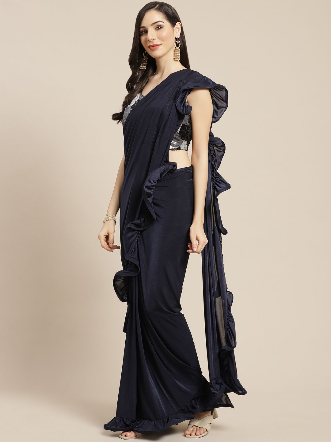 Mitera Navy Blue Solid Ruffled Ready to Wear Saree Price in India