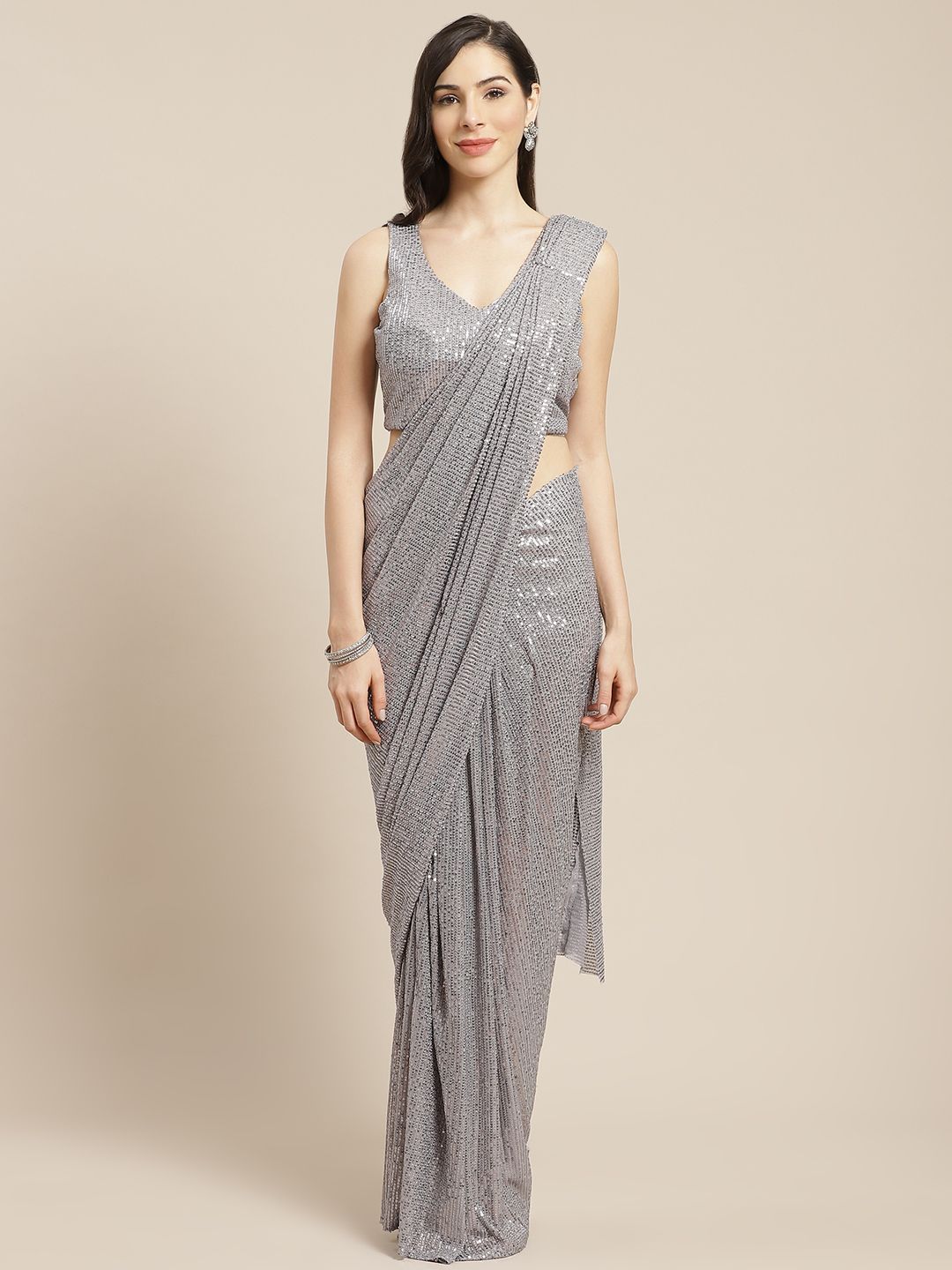 Mitera Grey Sequinned Ready to Wear Saree