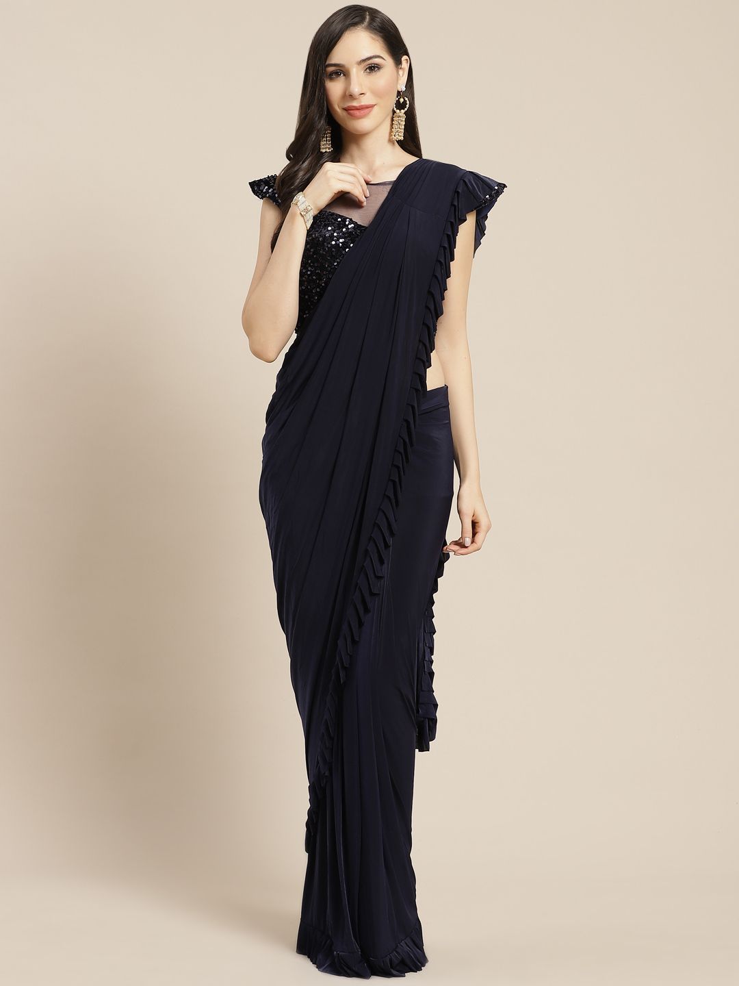 Mitera Navy Blue Sequinned Ready to Wear Ruffled Saree with Stitched Blouse Price in India