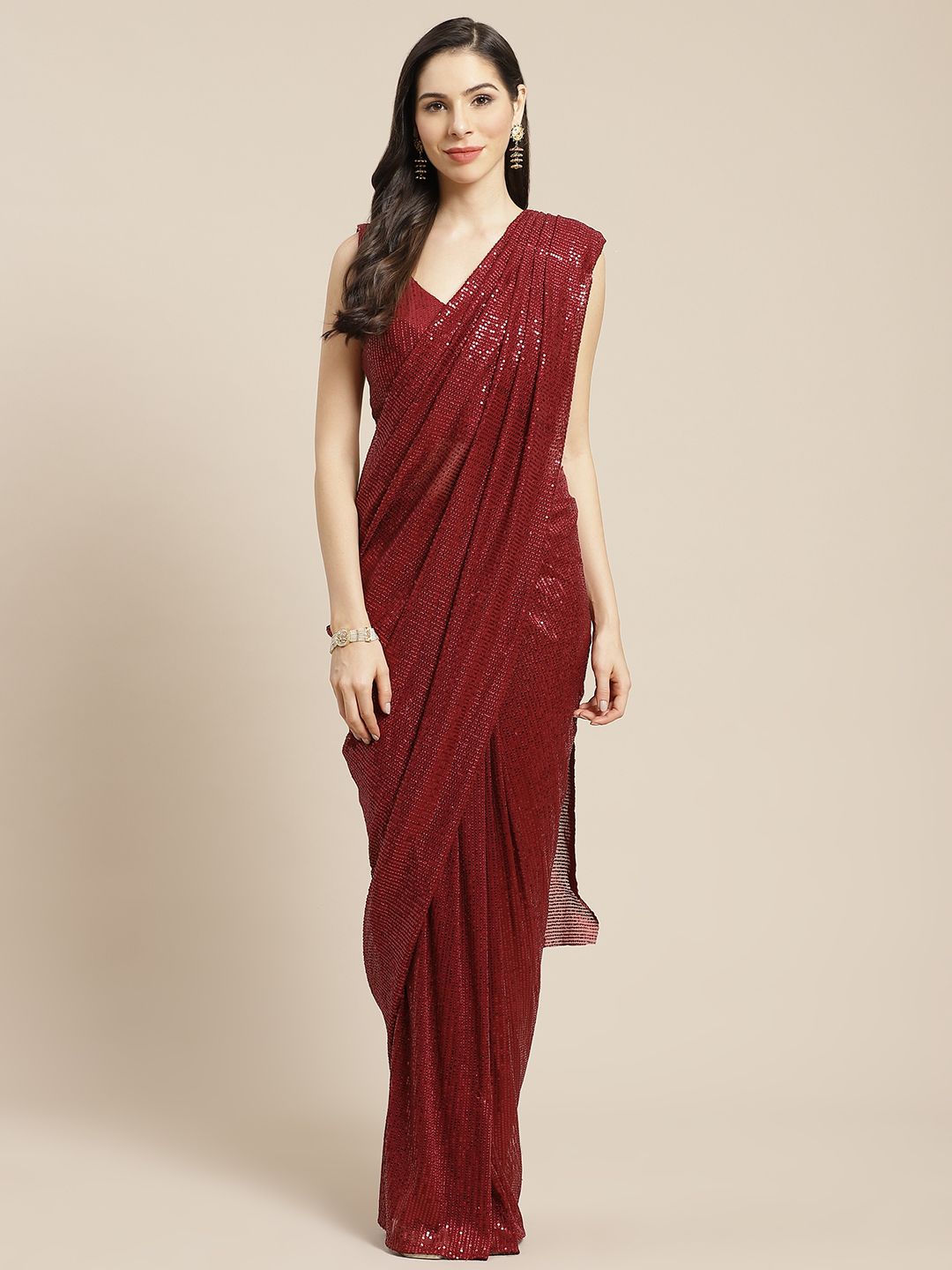 Mitera Maroon Sequinned Ready To Wear Saree Price in India