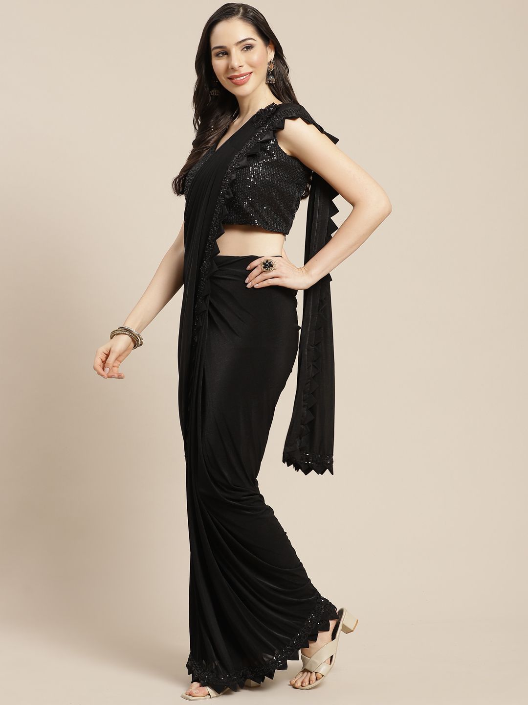 Mitera Black Solid Ruffled Ready to Wear Saree Price in India