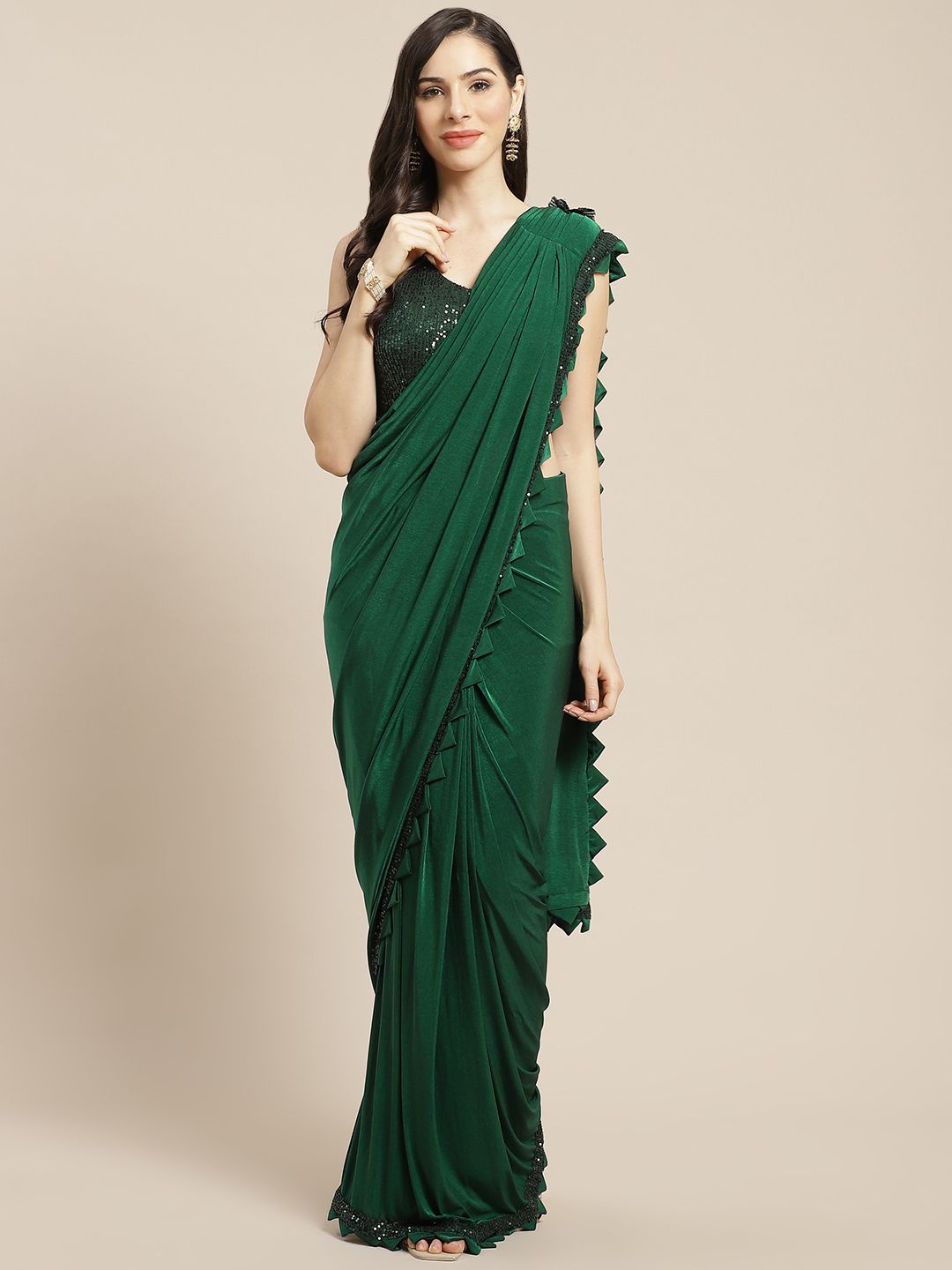 Mitera Green Sequinned Ready to Wear Ruffle Saree Price in India