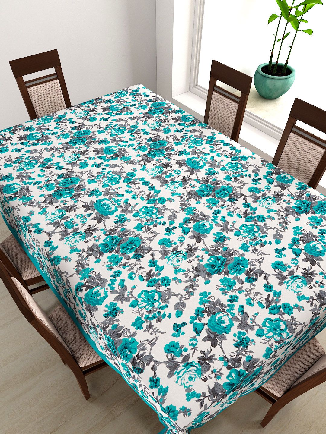 SWAYAM Teal Green Floral Print Rectangular 90" x 60" Cotton Table Cover Price in India