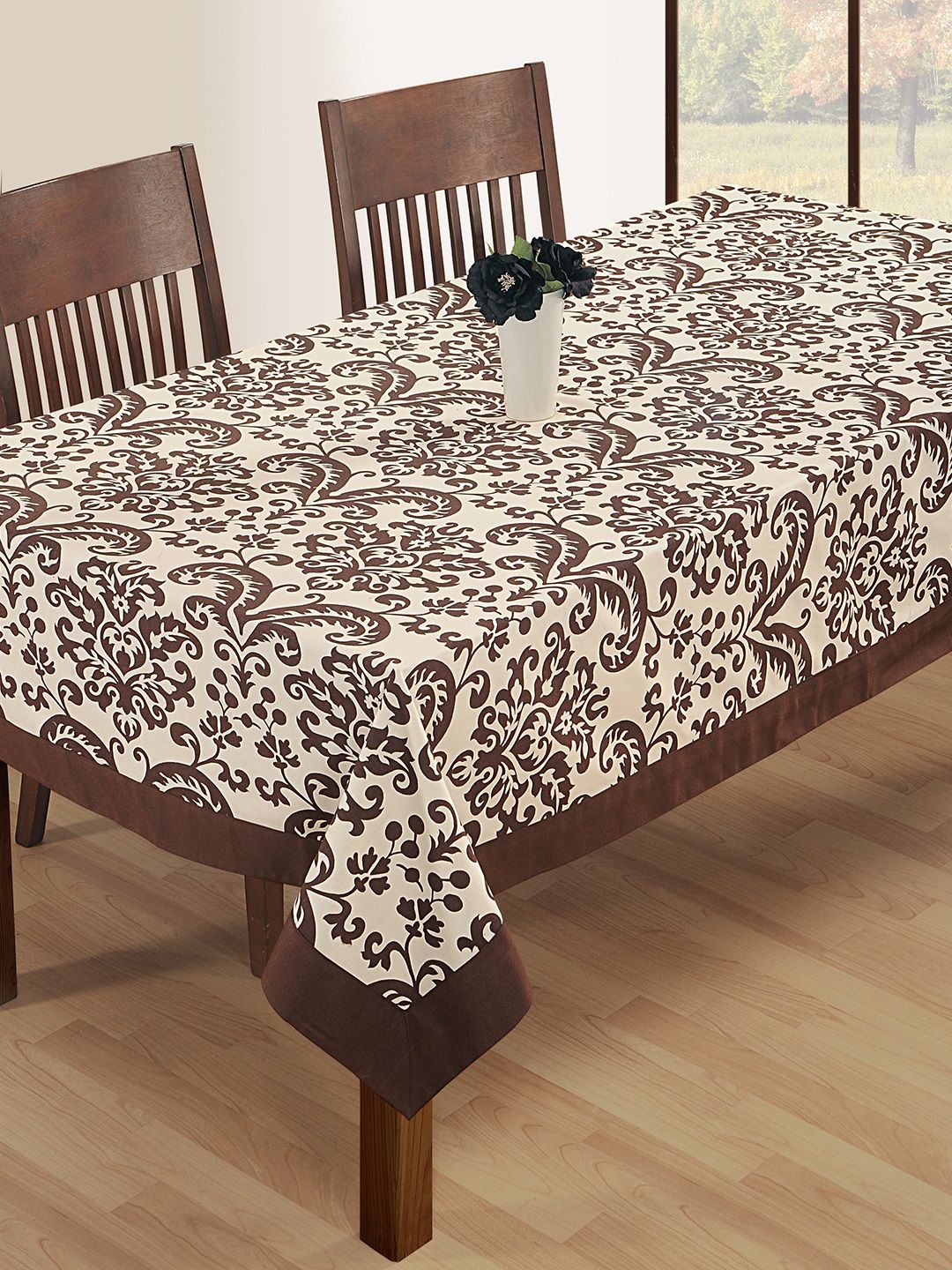 SWAYAM Off-White & Coffee Brown Rectangular Ethnic Print 90" x 60" Cotton Table Cover Price in India