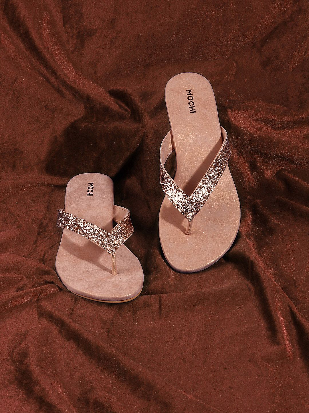 Mochi Peach-Coloured Embellished Block Sandals