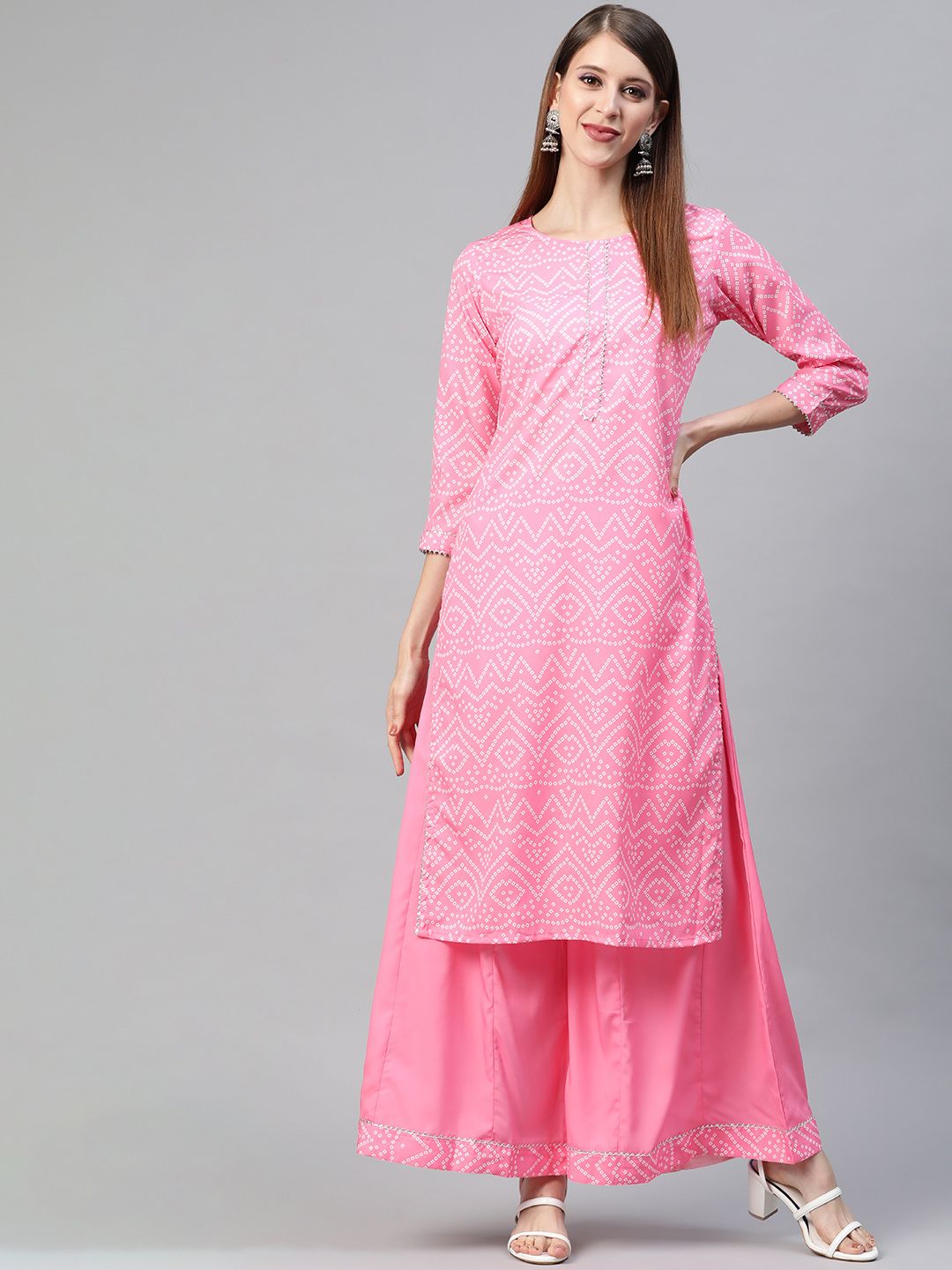 AHIKA Women Pink Bandhani Printed Gotta Patti Kurta with Palazzos Price in India