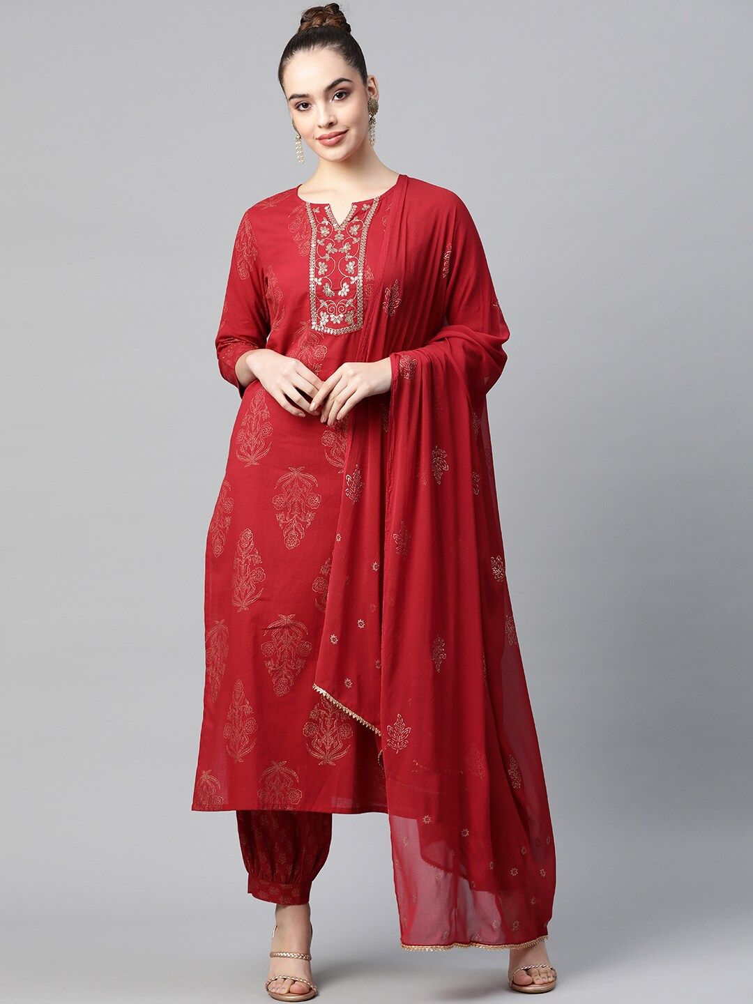 AHIKA Women Red Pure Cotton Ethnic Motifs Printed Kurta with Salwar & Dupatta Price in India