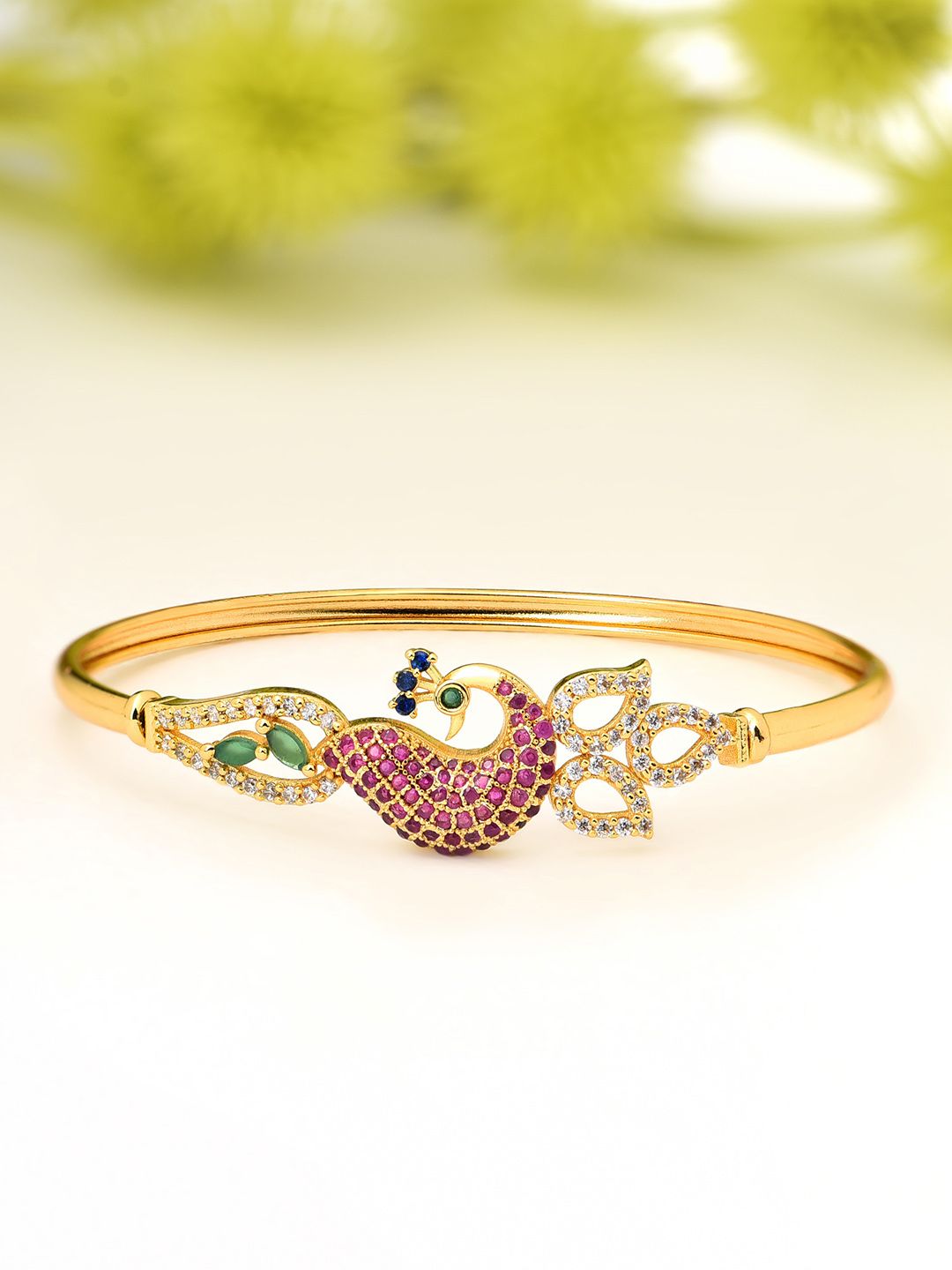AMI Women Gold-Plated & Pink Brass Cubic Zirconia Peacock Kada Bracelet Price in India