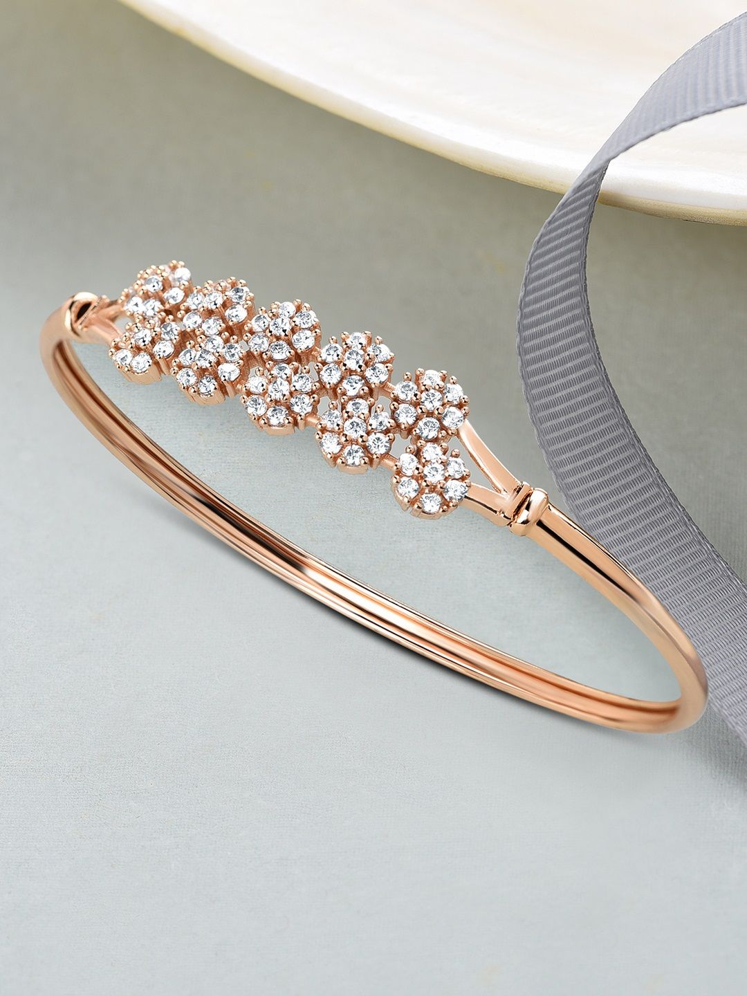 AMI Women Rose Gold & Transparent Brass Cubic Zirconia Rose Gold-Plated Kada Bracelet Price in India