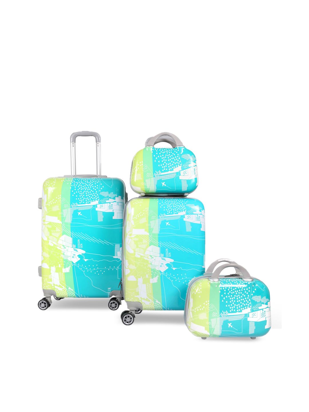 Polo Class Green & Blue 4-Pieces Printed Hard Case Luggage Trolley & Vanity Bag Set Price in India