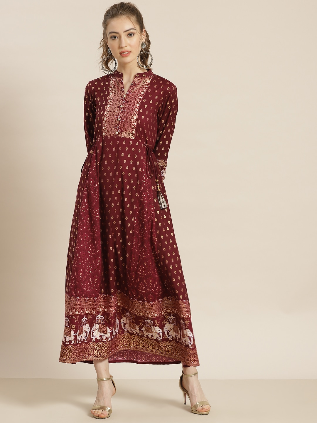 Juniper Women Burgundy & Golden Ethnic Motifs Print Liva A-Line Maxi Dress Price in India