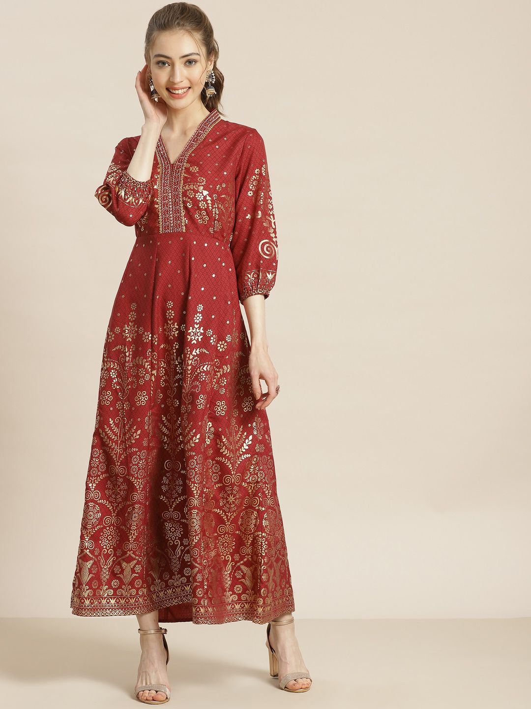 Juniper Women Red & Golden Ethnic Motifs Print Liva Maxi Dress Price in India