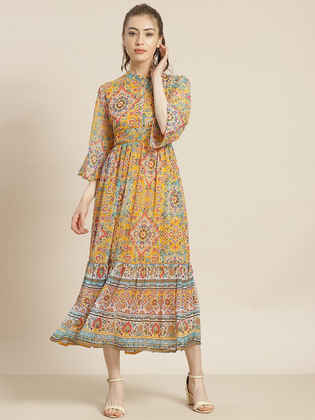 Juniper Mustard Yellow & Blue Ethnic Motifs Printed Tiered A-Line Dress Price in India