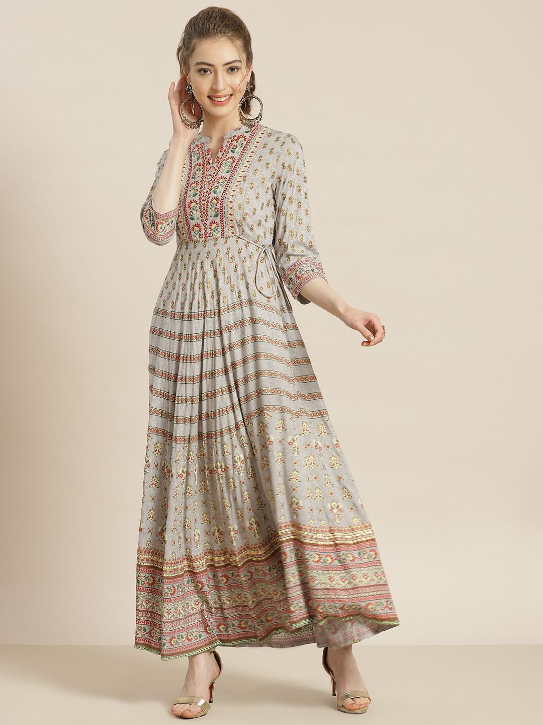 Juniper Grey & Maroon Ethnic Motifs Peinted Liva Ethnic Maxi Dress With Embroidered Detail Price in India