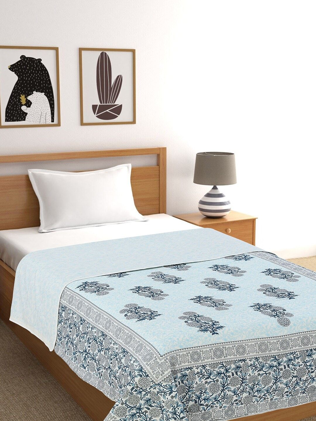 Salona Bichona Teal & Grey Ethnic Motifs AC Room 120 GSM Single Bed Dohar Price in India