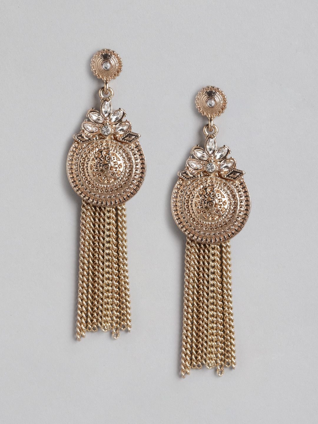 Anouk Rose Gold-Plated Textured Stone-Studded Tasselled Contemporary Drop Earrings Price in India