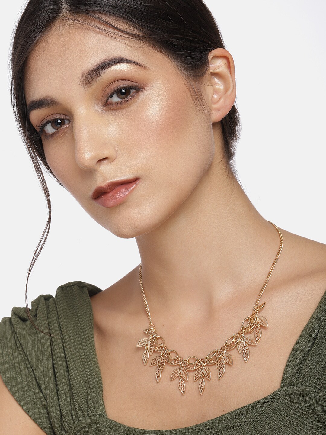 DressBerry Gold-Toned Etching Leaf Shaped Necklace Price in India