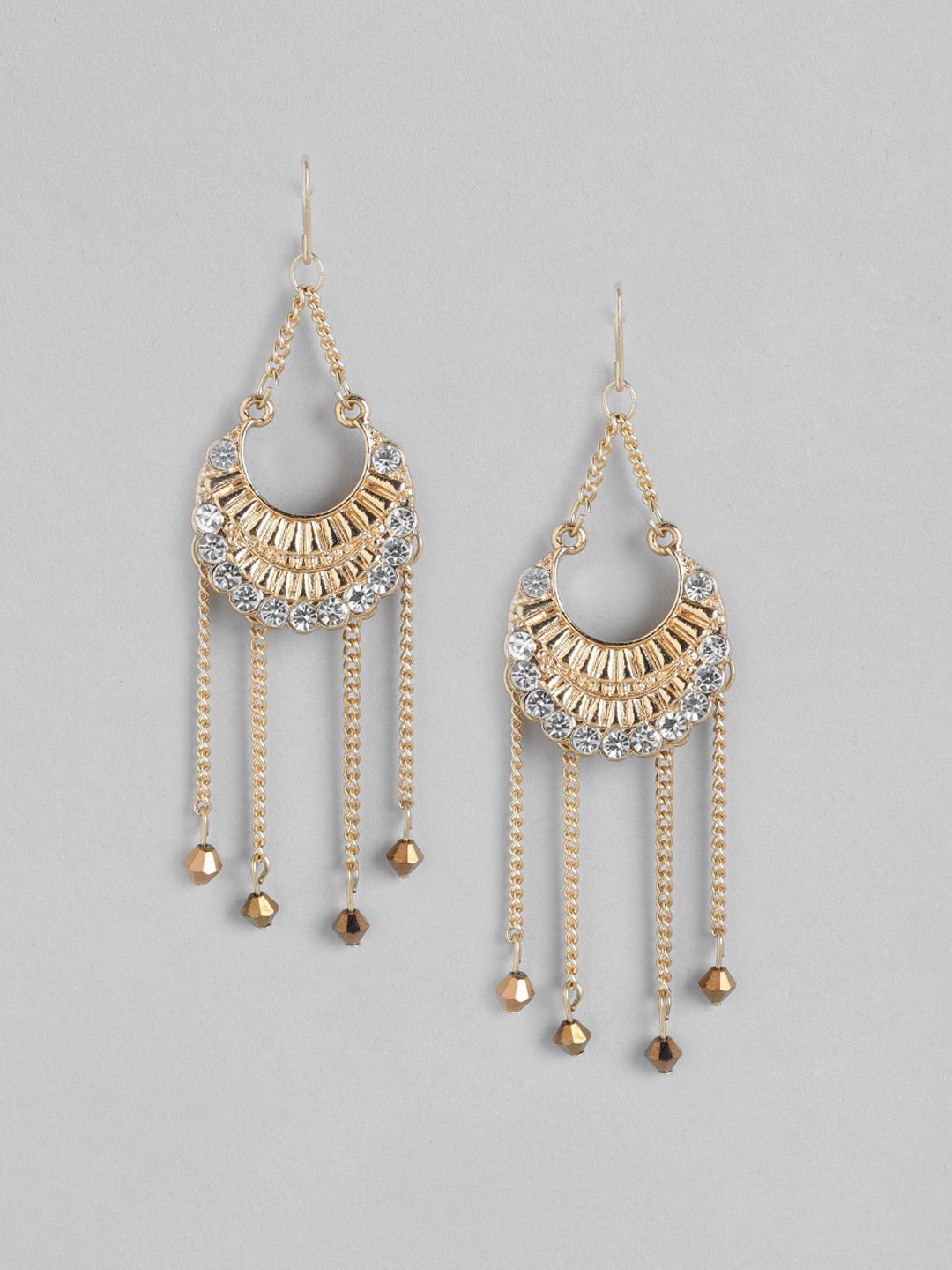 DressBerry Copper-Toned Gold-Plated Studded Beaded Tasselled Crescent Shaped Drop Earrings Price in India