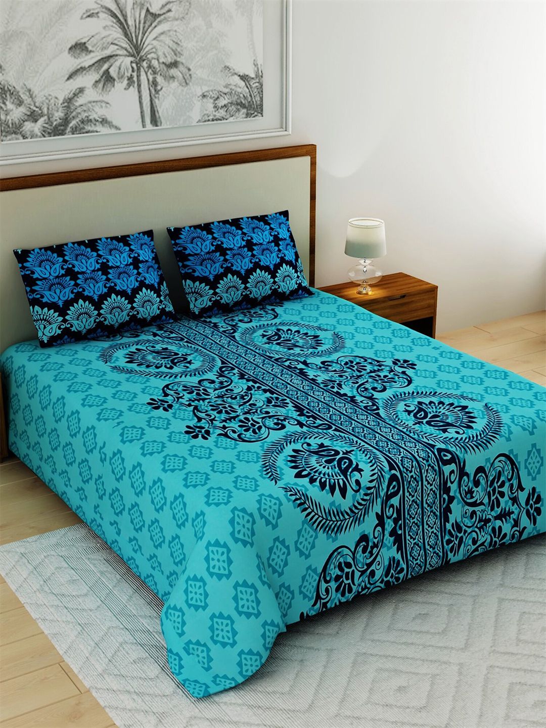 Salona Bichona Turquoise Blue Ethnic Motifs 120 TC Queen Bedsheet with 2 Pillow Covers Price in India