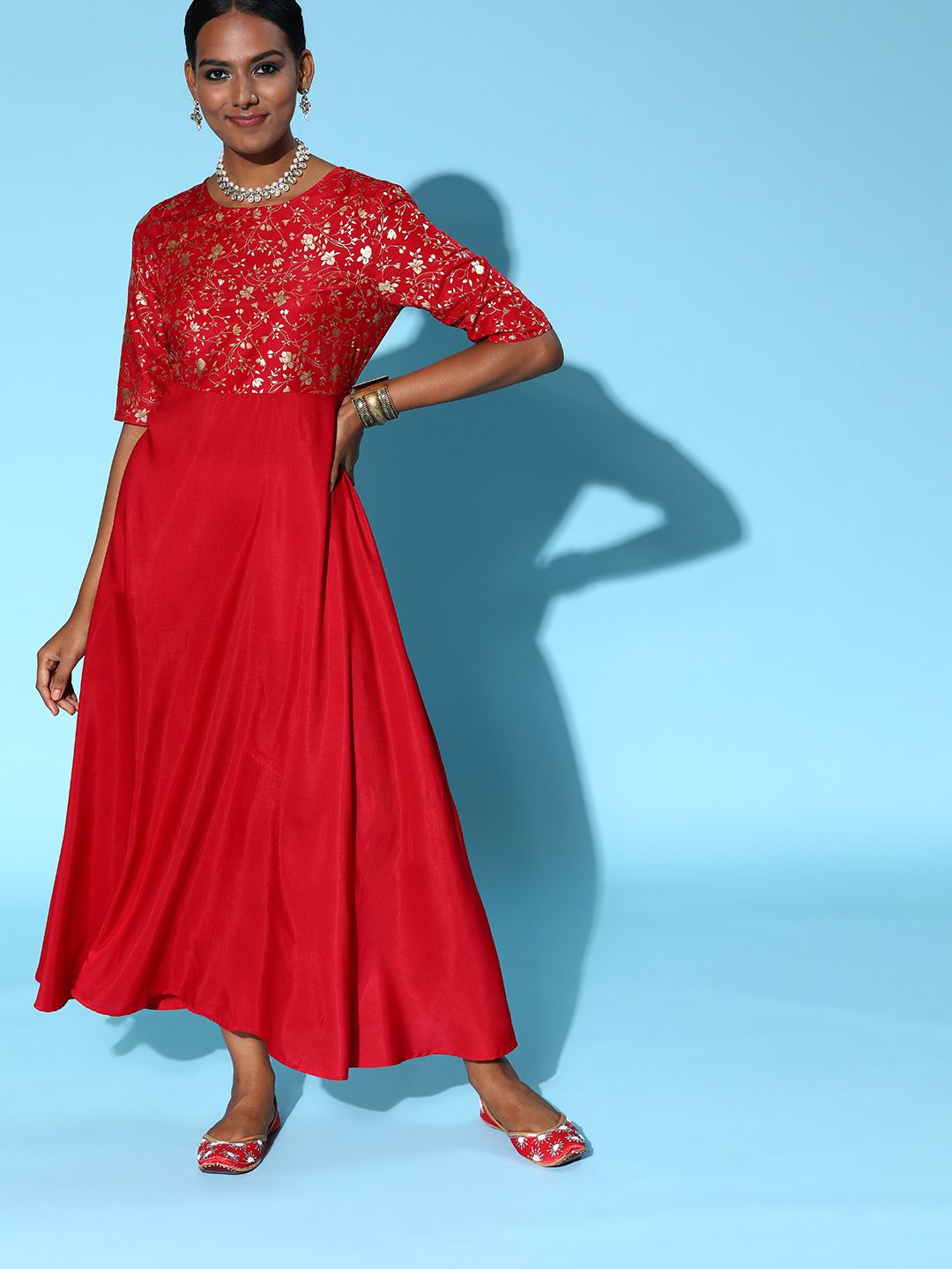 Sangria Red & Golden Ethnic Motifs Print Maxi Dress Price in India