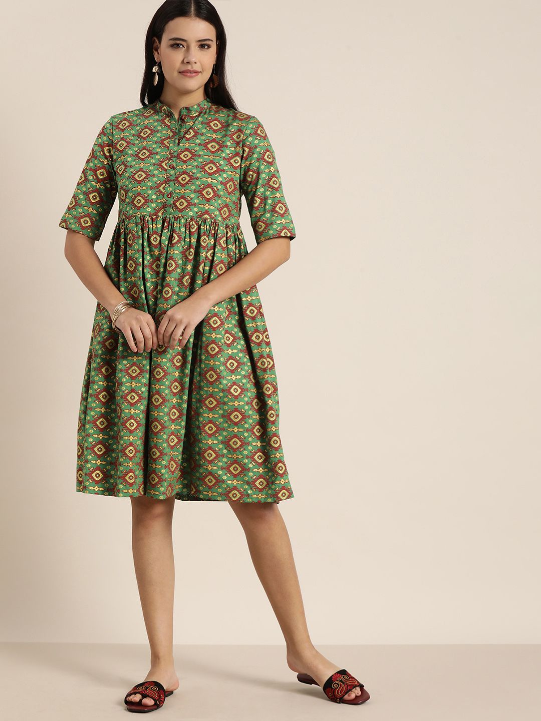 Sangria Green & Rust Ethnic Motifs Ethnic A-Line Dress