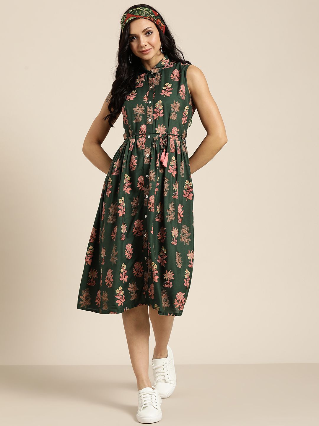 Sangria Green & Pink Ethnic Motifs Shirt Midi Dress