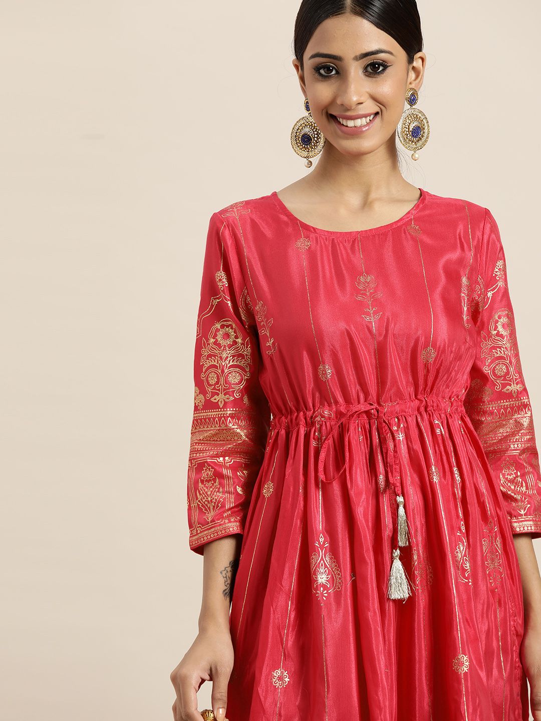 Sangria Pink & Golden Ethnic Print A-Line Midi Dress