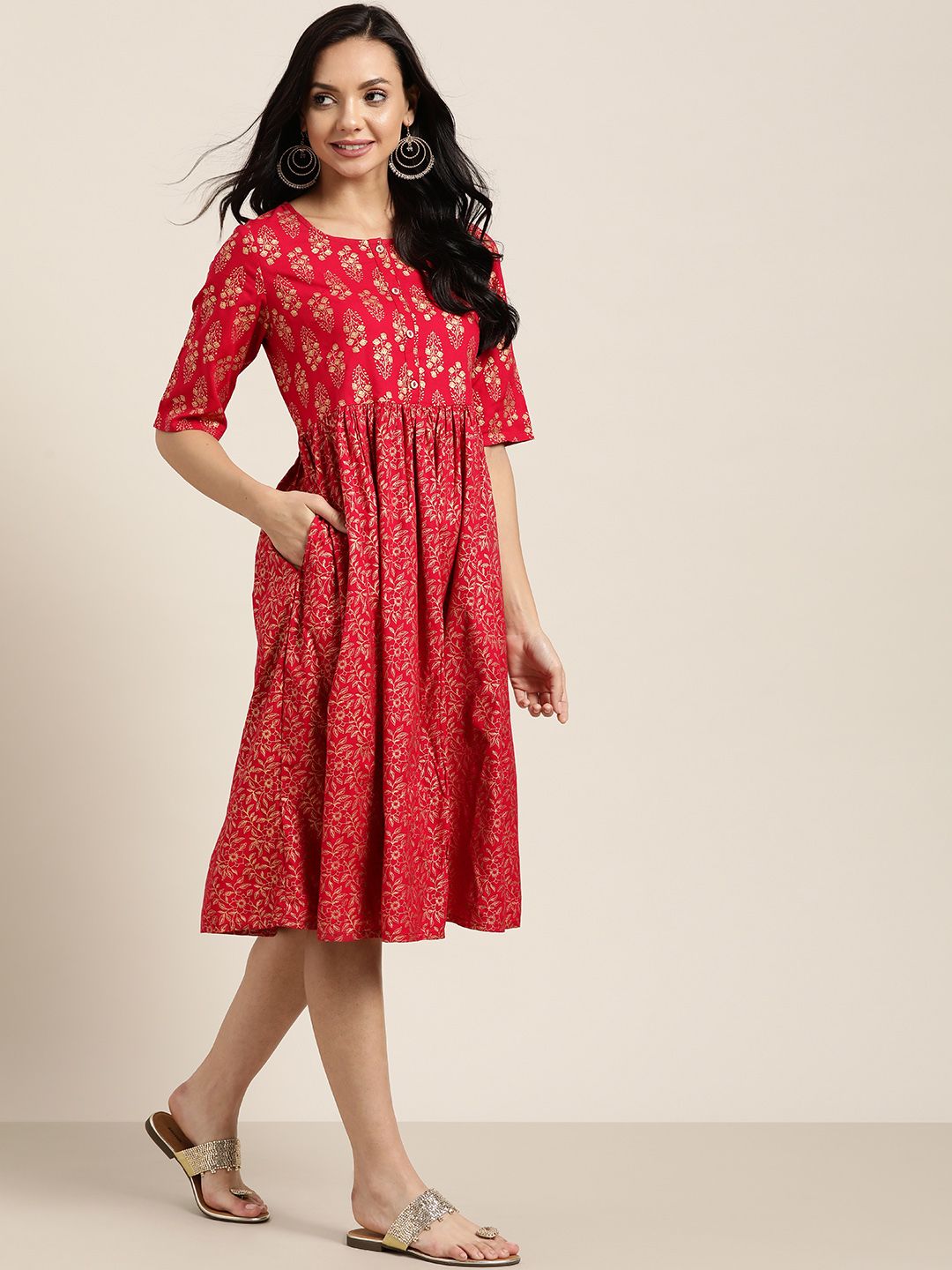 Sangria Red & Golden Ethnic Motifs Ethnic A-Line Dress