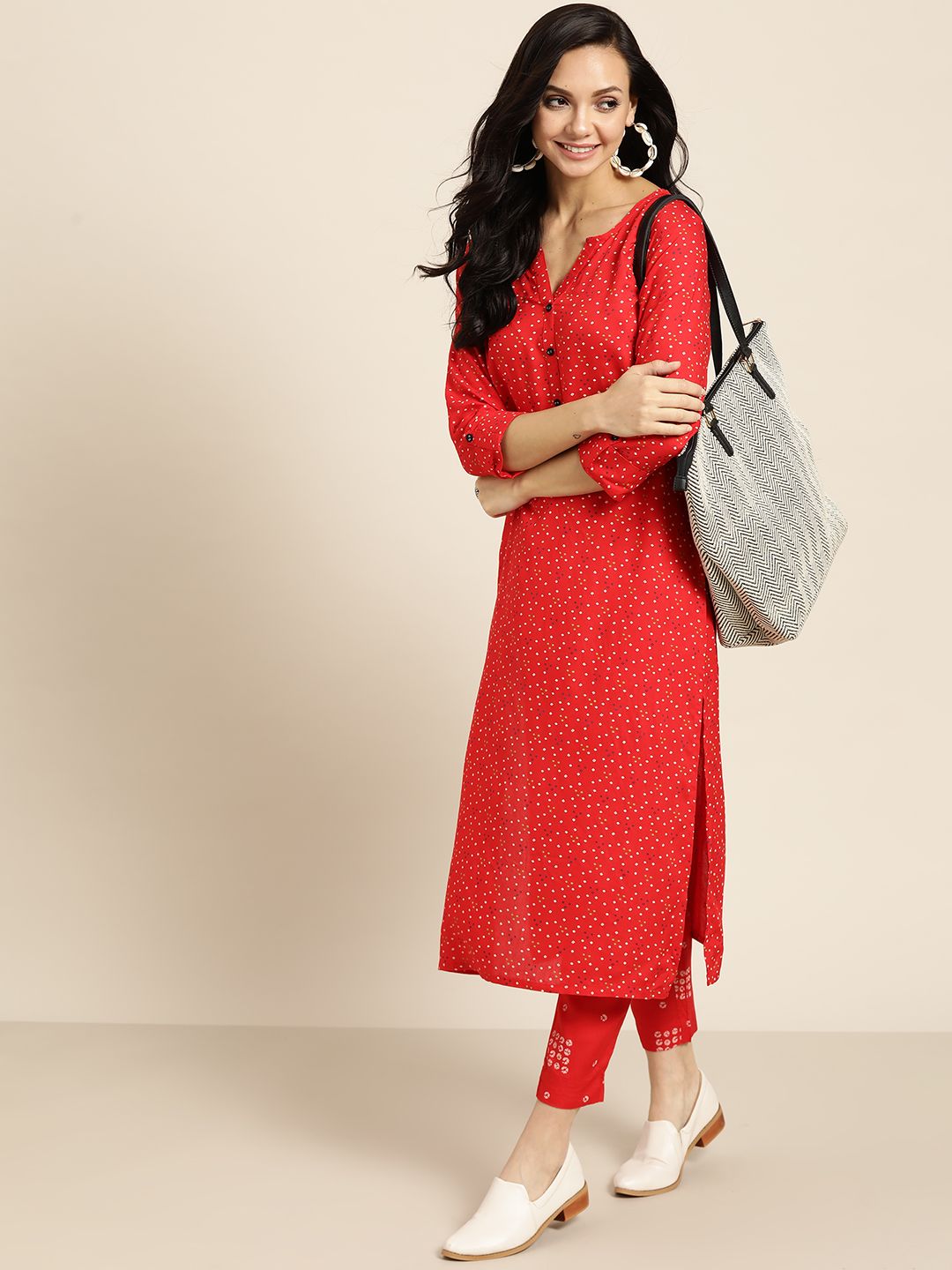 Sangria Women Red & White Printed Regular Kurta with Trousers