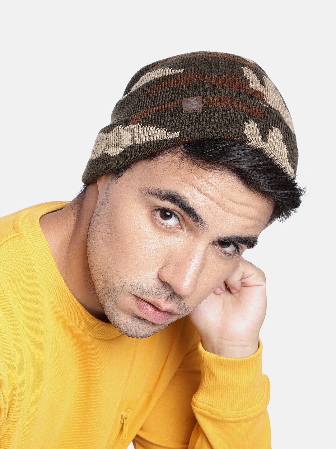 WROGN Unisex Camel Brown & Green Acrylic Camouflage Beanie Price in India
