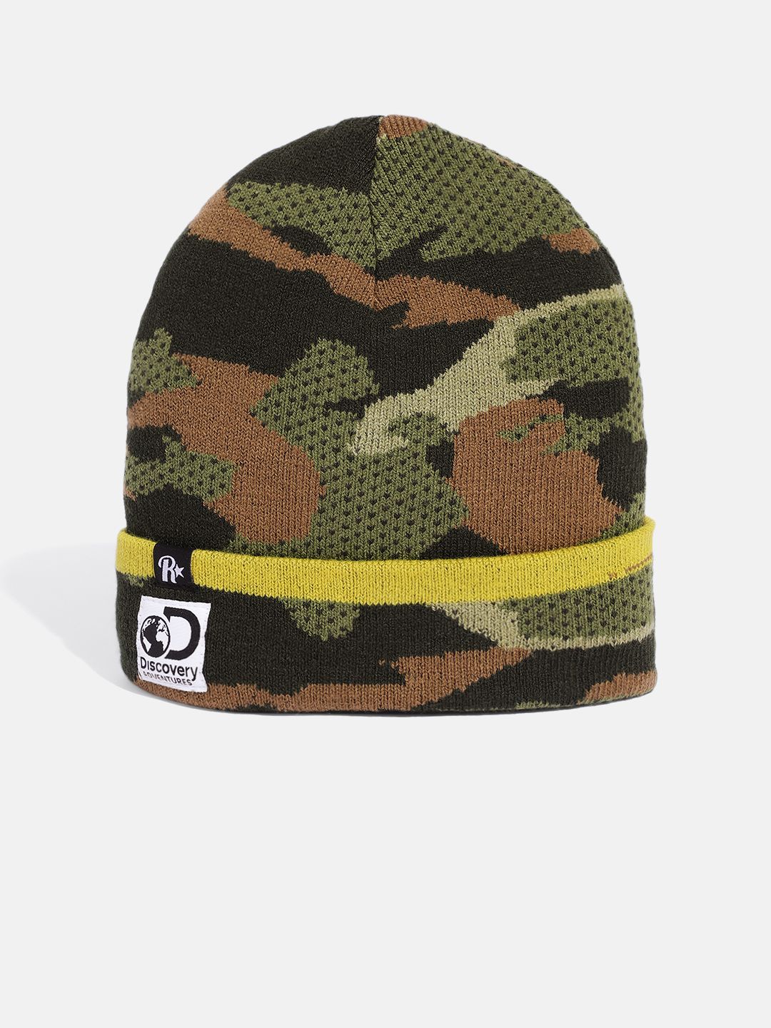 Roadster x Discovery Adventures Unisex Olive Green & Black Camouflage Printed Beanie Price in India