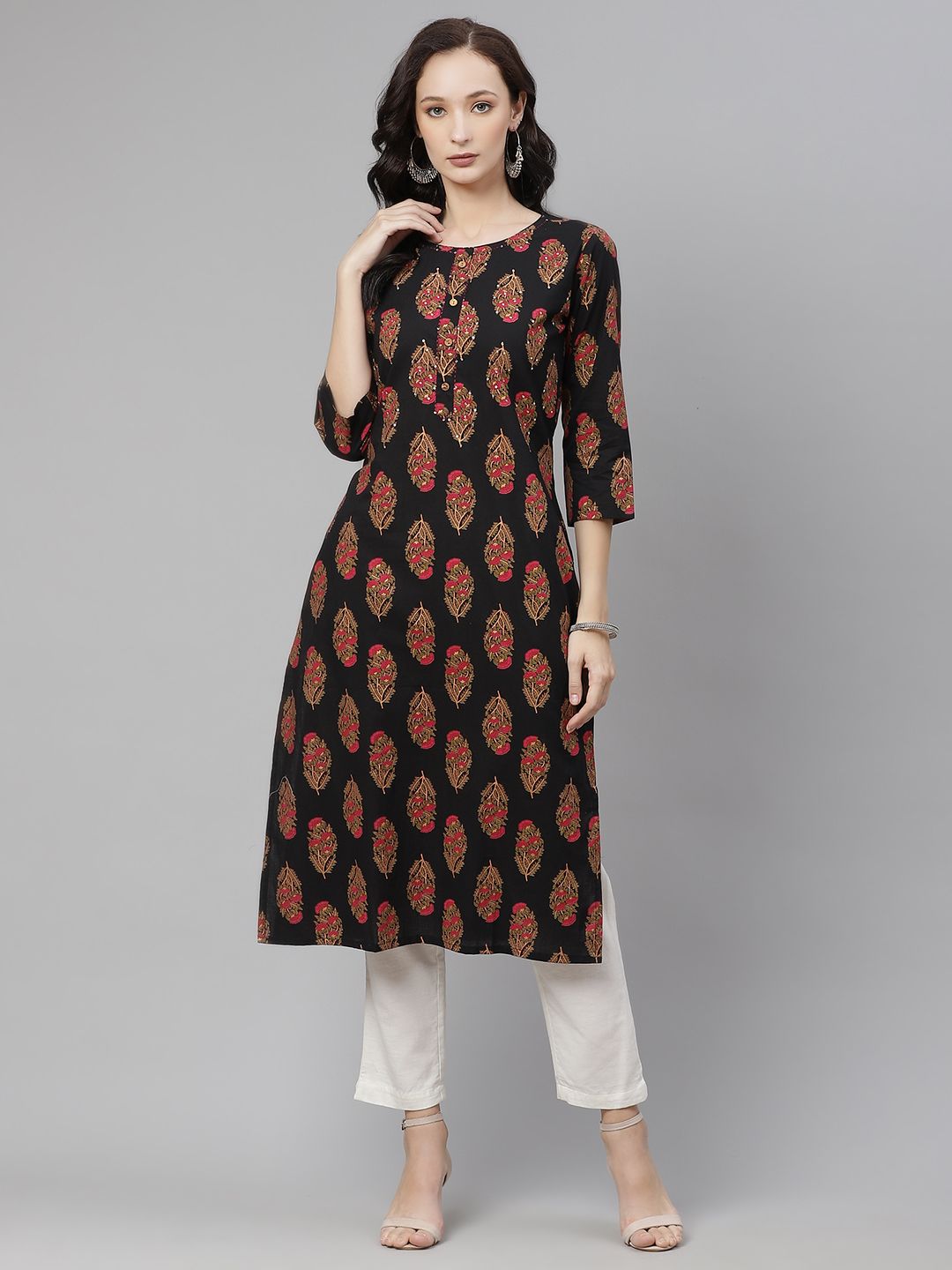 Divena Women Black & Pink Paisley Printed Pure Cotton Straight Kurta Price in India