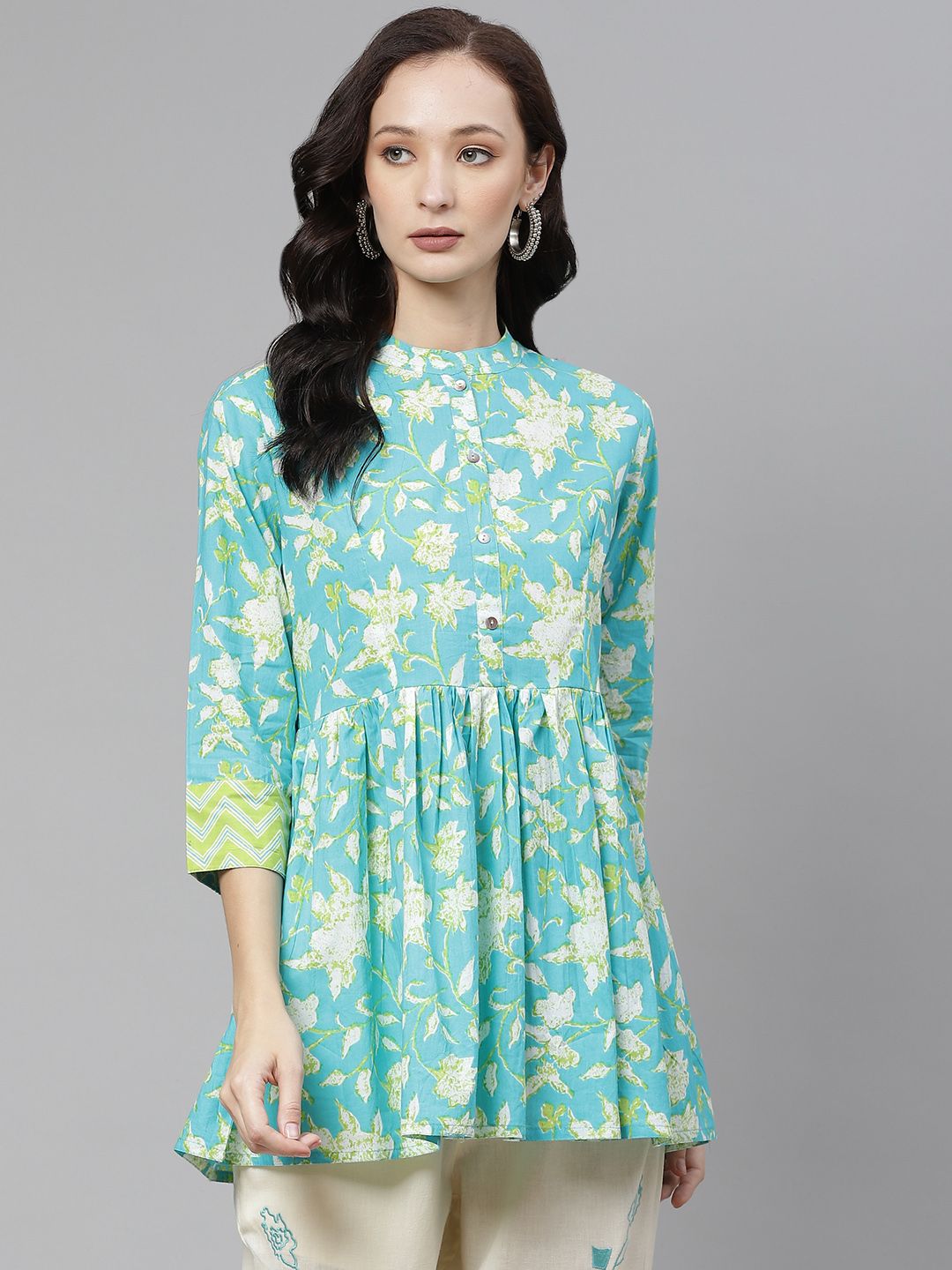 Divena Turquoise Blue & White Pure Cotton Printed Mandarin Collar A-Line Top
