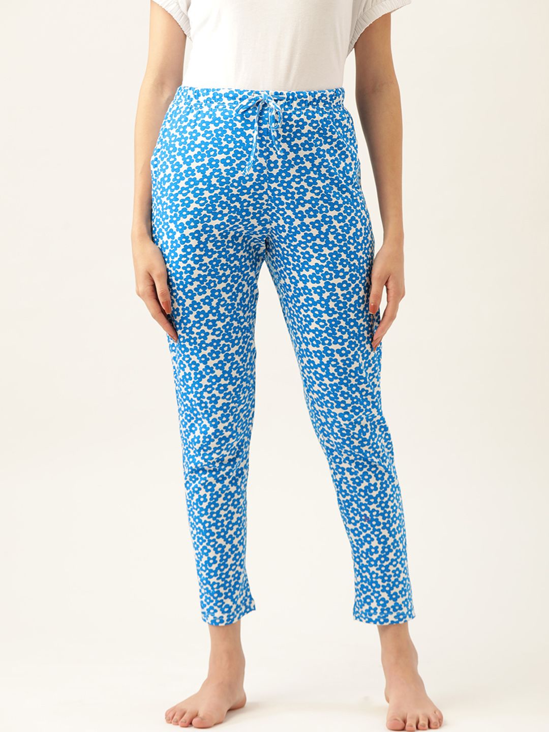 ETC Women Blue & White Floral Print Cotton Lounge Pants Price in India